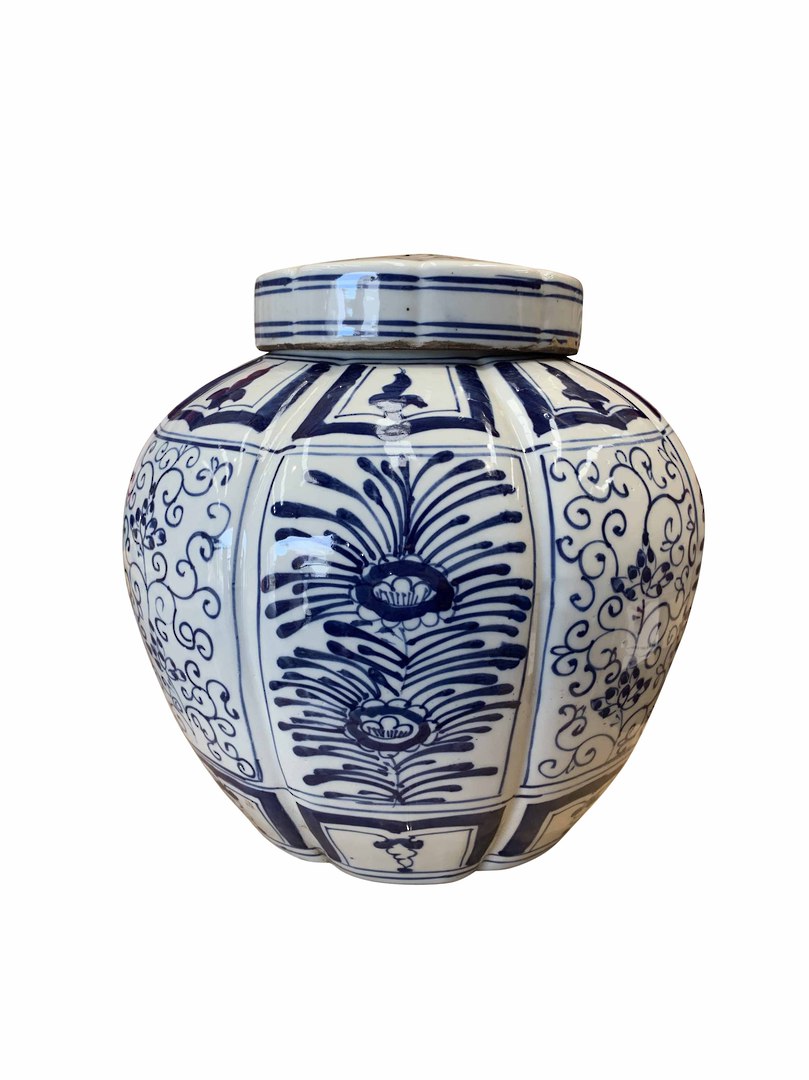 RIBBED BLUE & WHITE POT WITH LID image 1